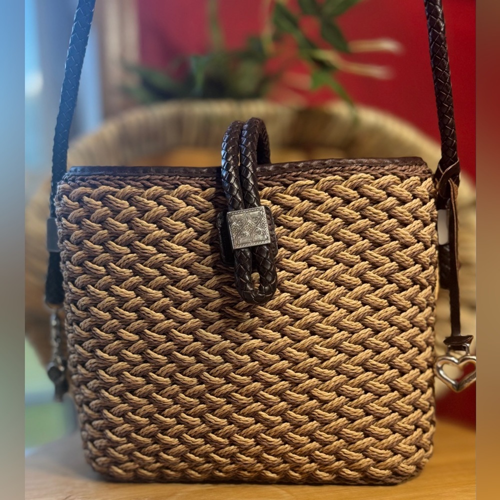 Brighton Tan Braided Straw Crossbody with Dark Brown Leather Trim